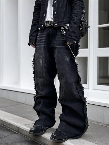 Mens Baggy Jeans Street Rock Style Fringe Frayed Edges Jeans Patchwork Wide Leg Skater Denim Pant in Saudi Arabia