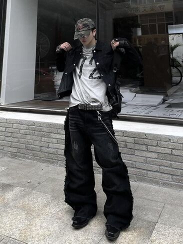 Mens Baggy Jeans Street Rock Style Fringe Frayed Edges Jeans Patchwork Wide Leg Skater Denim Pant in Saudi Arabia