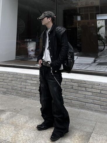 Mens Baggy Jeans Street Rock Style Fringe Frayed Edges Jeans Patchwork Wide Leg Skater Denim Pant in Saudi Arabia