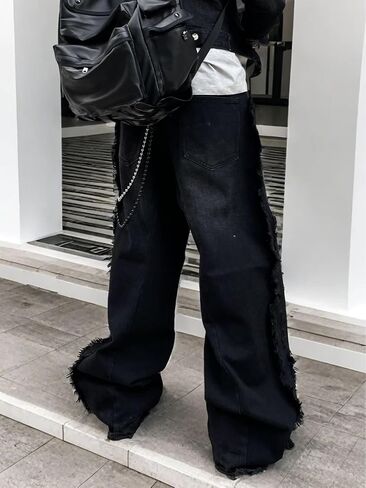 Mens Baggy Jeans Street Rock Style Fringe Frayed Edges Jeans Patchwork Wide Leg Skater Denim Pant in Saudi Arabia