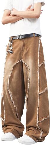 Mens Baggy Jeans Street Rock Style Fringe Frayed Edges Jeans Patchwork Wide Leg Skater Denim Pant in Kuwait
