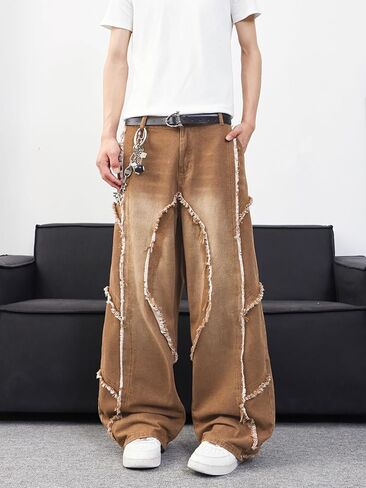 Mens Baggy Jeans Street Rock Style Fringe Frayed Edges Jeans Patchwork Wide Leg Skater Denim Pant in Kuwait