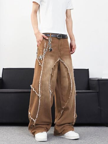 Mens Baggy Jeans Street Rock Style Fringe Frayed Edges Jeans Patchwork Wide Leg Skater Denim Pant in Kuwait