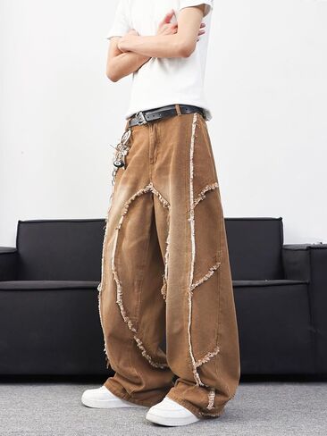 Mens Baggy Jeans Street Rock Style Fringe Frayed Edges Jeans Patchwork Wide Leg Skater Denim Pant in Kuwait
