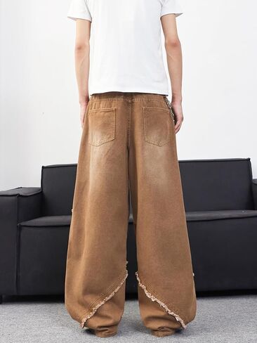 Mens Baggy Jeans Street Rock Style Fringe Frayed Edges Jeans Patchwork Wide Leg Skater Denim Pant in Kuwait