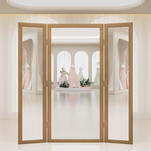 3 Way Full Length Trifold Mirror with Tempered Glass, 3 Panel Oversized Extra Large Free Standing Mirror with Rustic Wood Frame, for Wedding Dress/Clothing Shop/Bedroom/Closet, 71"x67", White in Saudi Arabia