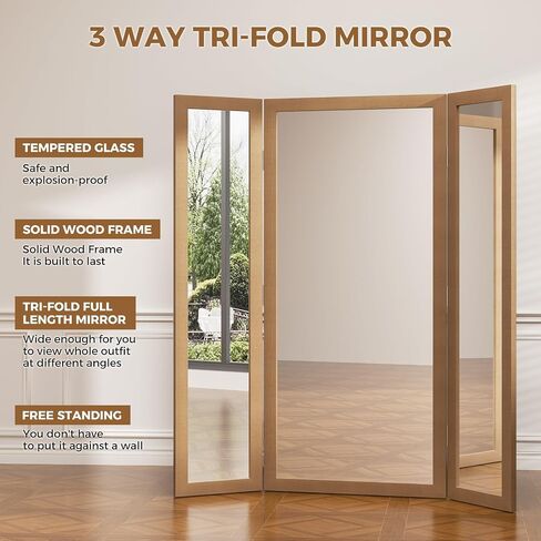 3 Way Full Length Trifold Mirror with Tempered Glass, 3 Panel Oversized Extra Large Free Standing Mirror with Rustic Wood Frame, for Wedding Dress/Clothing Shop/Bedroom/Closet, 71"x67", White in Saudi Arabia