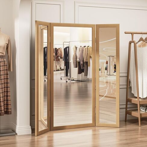 3 Way Full Length Trifold Mirror with Tempered Glass, 3 Panel Oversized Extra Large Free Standing Mirror with Rustic Wood Frame, for Wedding Dress/Clothing Shop/Bedroom/Closet, 71"x67", White in Saudi Arabia