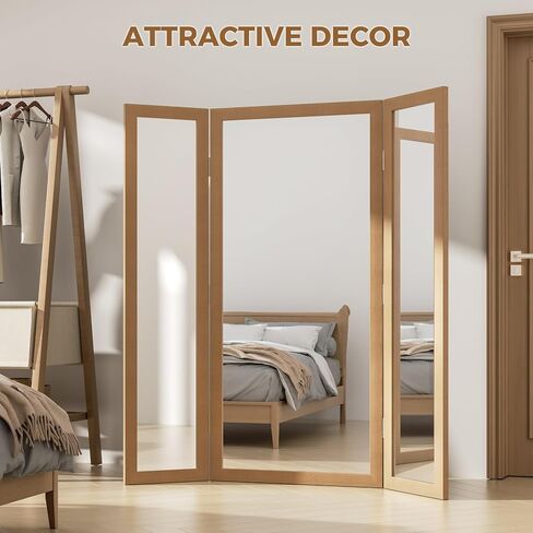 3 Way Full Length Trifold Mirror with Tempered Glass, 3 Panel Oversized Extra Large Free Standing Mirror with Rustic Wood Frame, for Wedding Dress/Clothing Shop/Bedroom/Closet, 71"x67", White in Saudi Arabia