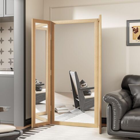 3 Way Full Length Trifold Mirror with Tempered Glass, 3 Panel Oversized Extra Large Free Standing Mirror with Rustic Wood Frame, for Wedding Dress/Clothing Shop/Bedroom/Closet, 71"x67", White in Saudi Arabia