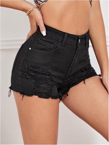 WDIRARA Women's High Waist Ripped Raw Hem Stretchy Denim Shorts with Pockets in Saudi Arabia
