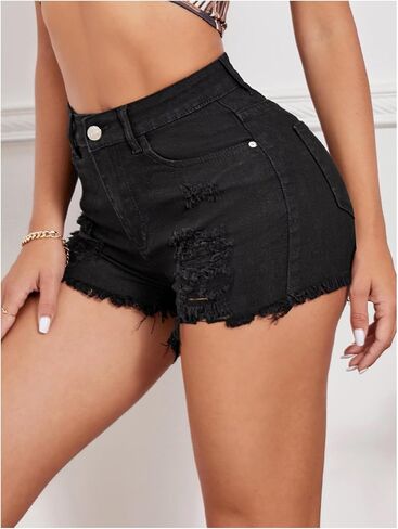 WDIRARA Women's High Waist Ripped Raw Hem Stretchy Denim Shorts with Pockets in Saudi Arabia