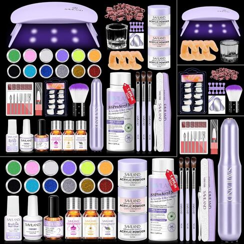 مجموعة أظافر Saviland Acrylic مع الحفر: مجموعة أظافر احترافية مجموعة أكريليك للمبتدئين مع كل شيء بيلد هلام زخرفة الضوء لمجموعة هدايا الصالون المنزلي in Kuwait