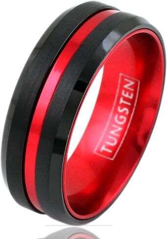 Personalized Engraved 6mm/8mm Black Tungsten Carbide Band Ring w/ Fire Engine Red Stripe & Red Anodized Aluminum Inner Band feat. Comfort Fit. in Kuwait