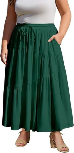 Moon Wood Women's Plus Size Tiered Maxi Skirt Elastic High Waist A Line Flowy Long Maxi Skirt with Pockets in Saudi Arabia