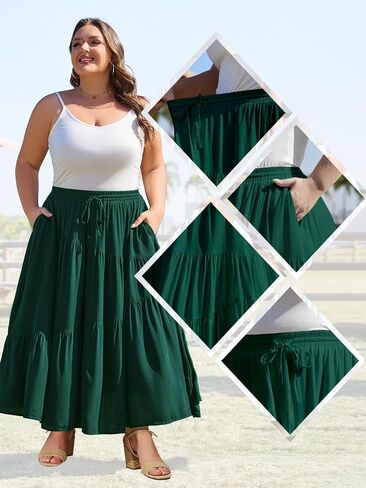 Moon Wood Women's Plus Size Tiered Maxi Skirt Elastic High Waist A Line Flowy Long Maxi Skirt with Pockets in Saudi Arabia