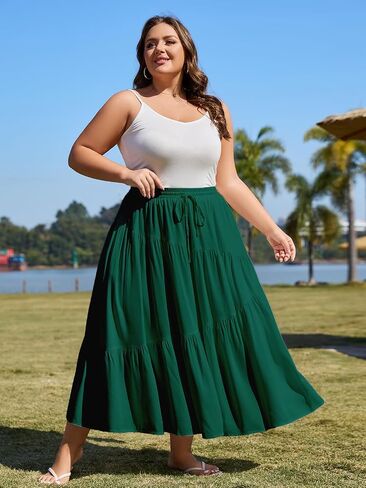 Moon Wood Women's Plus Size Tiered Maxi Skirt Elastic High Waist A Line Flowy Long Maxi Skirt with Pockets in Saudi Arabia