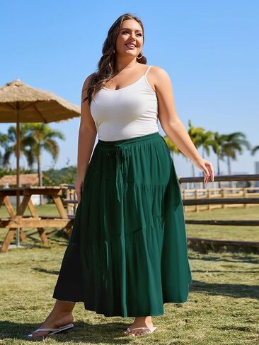Moon Wood Women's Plus Size Tiered Maxi Skirt Elastic High Waist A Line Flowy Long Maxi Skirt with Pockets in Saudi Arabia