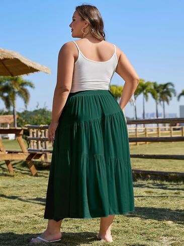 Moon Wood Women's Plus Size Tiered Maxi Skirt Elastic High Waist A Line Flowy Long Maxi Skirt with Pockets in Saudi Arabia