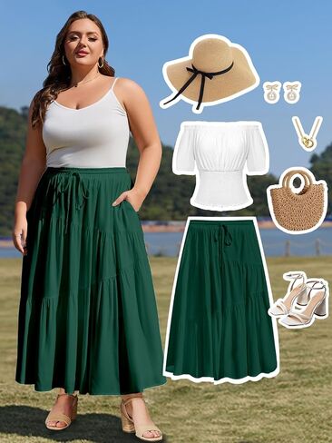 Moon Wood Women's Plus Size Tiered Maxi Skirt Elastic High Waist A Line Flowy Long Maxi Skirt with Pockets in Saudi Arabia