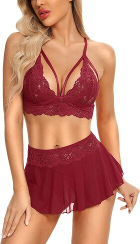 Genhoo Sexy Lingerie Sets for Women Naughty 3 Piece Lace Bralette, Mini Skirt with G-String Teddy Lingerie Babydoll Set in Kuwait