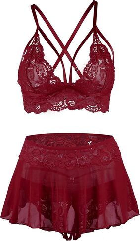 Genhoo Sexy Lingerie Sets for Women Naughty 3 Piece Lace Bralette, Mini Skirt with G-String Teddy Lingerie Babydoll Set in Kuwait