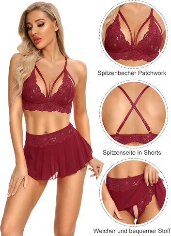 Genhoo Sexy Lingerie Sets for Women Naughty 3 Piece Lace Bralette, Mini Skirt with G-String Teddy Lingerie Babydoll Set in Kuwait