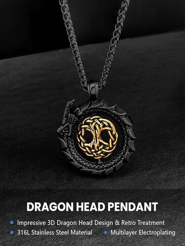 Dragon Necklace 18K Gold Plated/Black Metal/Stainless Steel Norse Viking Dragon Pendant Necklace, Retro Viking Jewelry Gift for Men and Women with Gift Box in Saudi Arabia