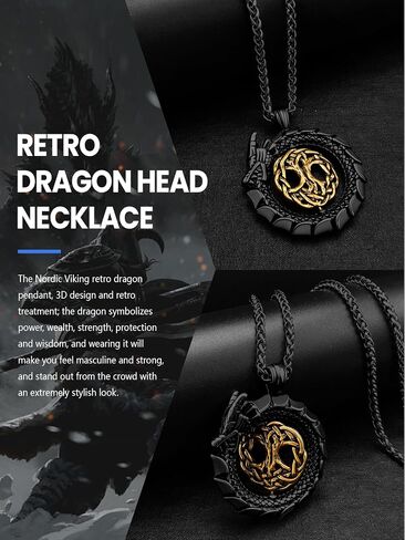 Dragon Necklace 18K Gold Plated/Black Metal/Stainless Steel Norse Viking Dragon Pendant Necklace, Retro Viking Jewelry Gift for Men and Women with Gift Box in Saudi Arabia