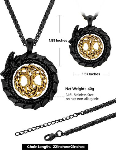 Dragon Necklace 18K Gold Plated/Black Metal/Stainless Steel Norse Viking Dragon Pendant Necklace, Retro Viking Jewelry Gift for Men and Women with Gift Box in Saudi Arabia