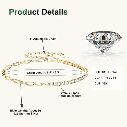 Moissanite Tennis Bracelet, 0.93cttw D Color VVS1 925 Sterling Silver Adjustable Bracelets for Women Wife Birthday Jewelry Gift in Saudi Arabia
