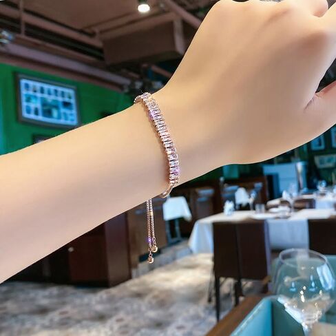 Rose Gold Inlaid Pink Diamond Tennis Bracelet with Adjustable Sliding Buckle for Women's Bling Bracelet in Saudi Arabia