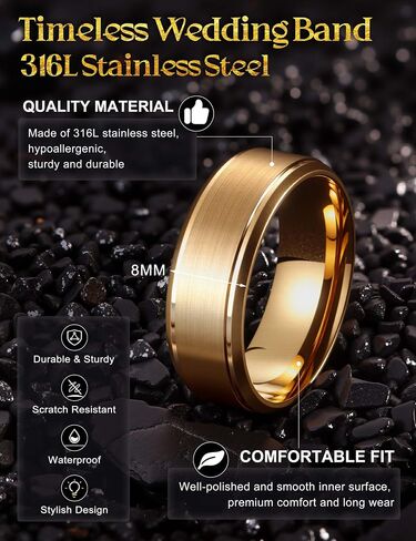 Jstyle Stainless Steel Wedding Rings for Men Women 8MM Mens Wedding Band Silver/Black/Gold Engagement Mens Rings, Matte Surface Polished Edge Men Ring Jewelry Comfort Fit 6-14 in Saudi Arabia