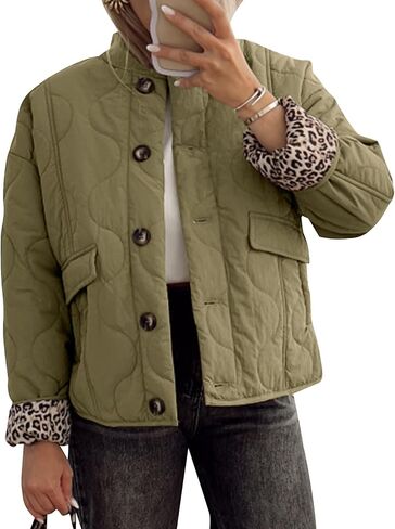 Kissonic Womens Quilted Lightweight Jackets Button Down Puffer Jacket Leopard Lined Bomber Coat with Pockets in Saudi Arabia