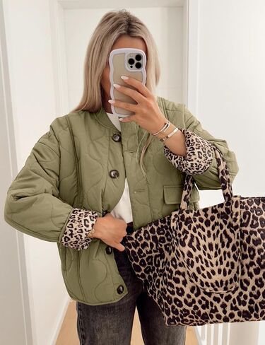Kissonic Womens Quilted Lightweight Jackets Button Down Puffer Jacket Leopard Lined Bomber Coat with Pockets in Saudi Arabia