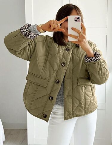 Kissonic Womens Quilted Lightweight Jackets Button Down Puffer Jacket Leopard Lined Bomber Coat with Pockets in Saudi Arabia