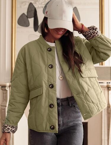 Kissonic Womens Quilted Lightweight Jackets Button Down Puffer Jacket Leopard Lined Bomber Coat with Pockets in Saudi Arabia