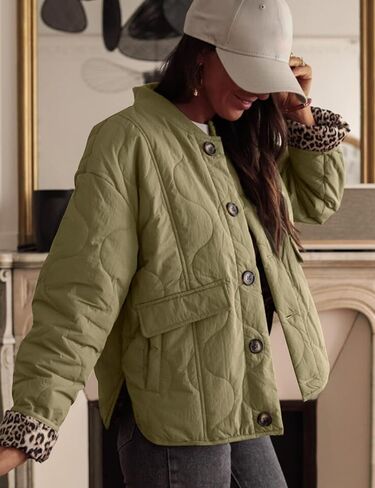 Kissonic Womens Quilted Lightweight Jackets Button Down Puffer Jacket Leopard Lined Bomber Coat with Pockets in Saudi Arabia