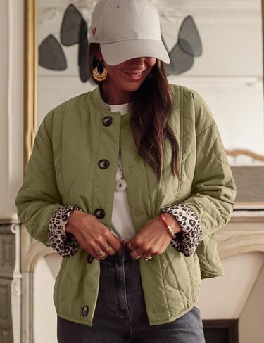 Kissonic Womens Quilted Lightweight Jackets Button Down Puffer Jacket Leopard Lined Bomber Coat with Pockets in Saudi Arabia