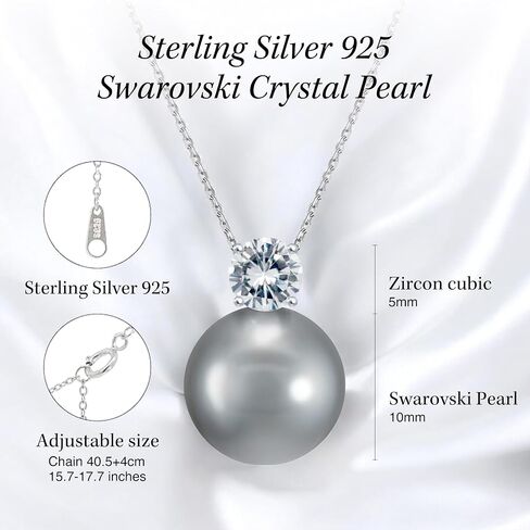 Dianie Pearl Earrings and Necklace made with Crystal Pearls Sterling silver 925 chain with Cubic Zirconia 5mm White and Grey Pearl 10mm Gift for Wedding Bridal Birthday in Saudi Arabia