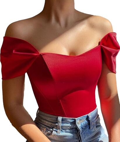 xxxiticat Women’s Off Shoulder Corset Top Short Sleeve Satin Silk Bustier Crop Top Bodycon Slim Fit Fashion T-Shirt in Saudi Arabia