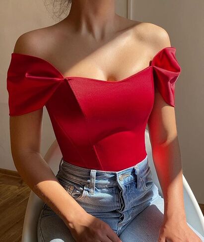 xxxiticat Women’s Off Shoulder Corset Top Short Sleeve Satin Silk Bustier Crop Top Bodycon Slim Fit Fashion T-Shirt in Saudi Arabia