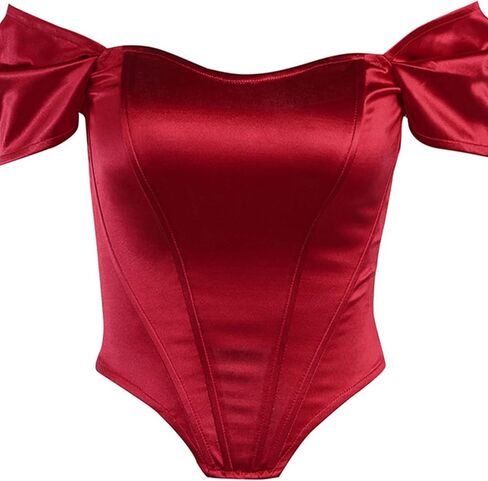 xxxiticat Women’s Off Shoulder Corset Top Short Sleeve Satin Silk Bustier Crop Top Bodycon Slim Fit Fashion T-Shirt in Saudi Arabia