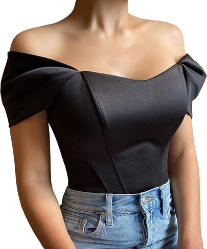 xxxiticat Women’s Off Shoulder Corset Top Short Sleeve Satin Silk Bustier Crop Top Bodycon Slim Fit Fashion T-Shirt in Saudi Arabia