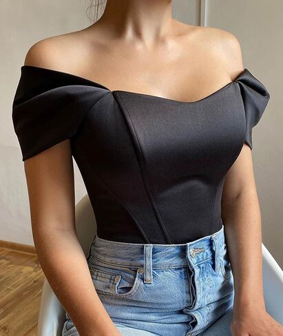 xxxiticat Women’s Off Shoulder Corset Top Short Sleeve Satin Silk Bustier Crop Top Bodycon Slim Fit Fashion T-Shirt in Saudi Arabia