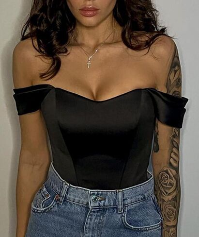 xxxiticat Women’s Off Shoulder Corset Top Short Sleeve Satin Silk Bustier Crop Top Bodycon Slim Fit Fashion T-Shirt in Saudi Arabia