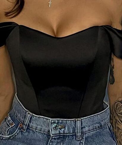 xxxiticat Women’s Off Shoulder Corset Top Short Sleeve Satin Silk Bustier Crop Top Bodycon Slim Fit Fashion T-Shirt in Saudi Arabia