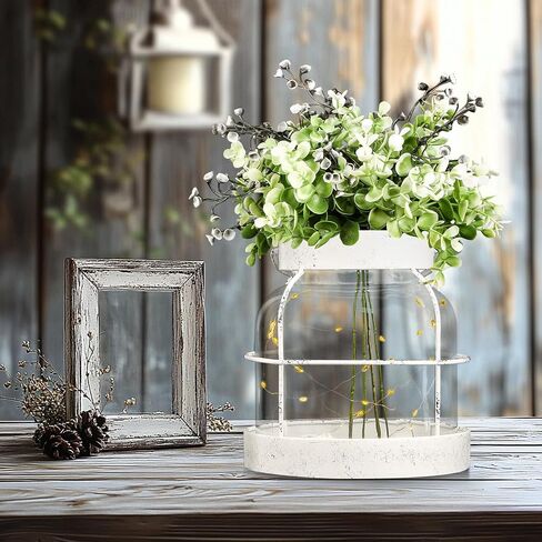 Farmhouse Rustic Glass Vases Home Decor Vintage Flower Lantern with Plants and Lights Centerpiece for Dining Table Primitive Floral Arrangement Gift for Kitchen Laundry Room Bathroom Dresser in Saudi Arabia