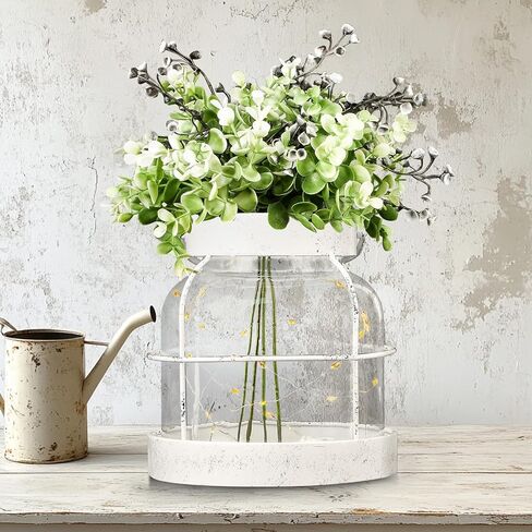 Farmhouse Rustic Glass Vases Home Decor Vintage Flower Lantern with Plants and Lights Centerpiece for Dining Table Primitive Floral Arrangement Gift for Kitchen Laundry Room Bathroom Dresser in Saudi Arabia