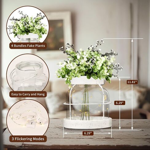 Farmhouse Rustic Glass Vases Home Decor Vintage Flower Lantern with Plants and Lights Centerpiece for Dining Table Primitive Floral Arrangement Gift for Kitchen Laundry Room Bathroom Dresser in Saudi Arabia